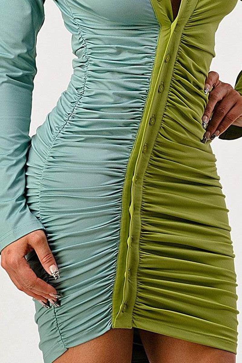 Two Tone Ruched Button up Dress