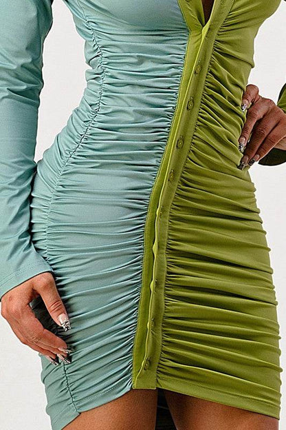 Two Tone Ruched Button up Dress