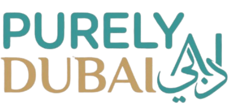 Logo of 'Purely Dubai' with Arabic text on a white background